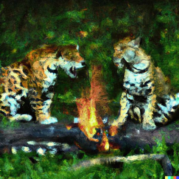 DALL·E 2023-06-06 09.59.11 - A couple of jaguars (male and female) and an amazonian indigenous man (without bear and wearing only a loincloth) talking around a fire in the jungleLOW